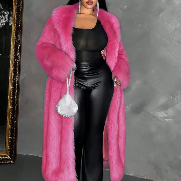 Hot Pink Casual Women's Plus Size Lapel Neck Loose Faux Fur Coat - Picture 5 of 6